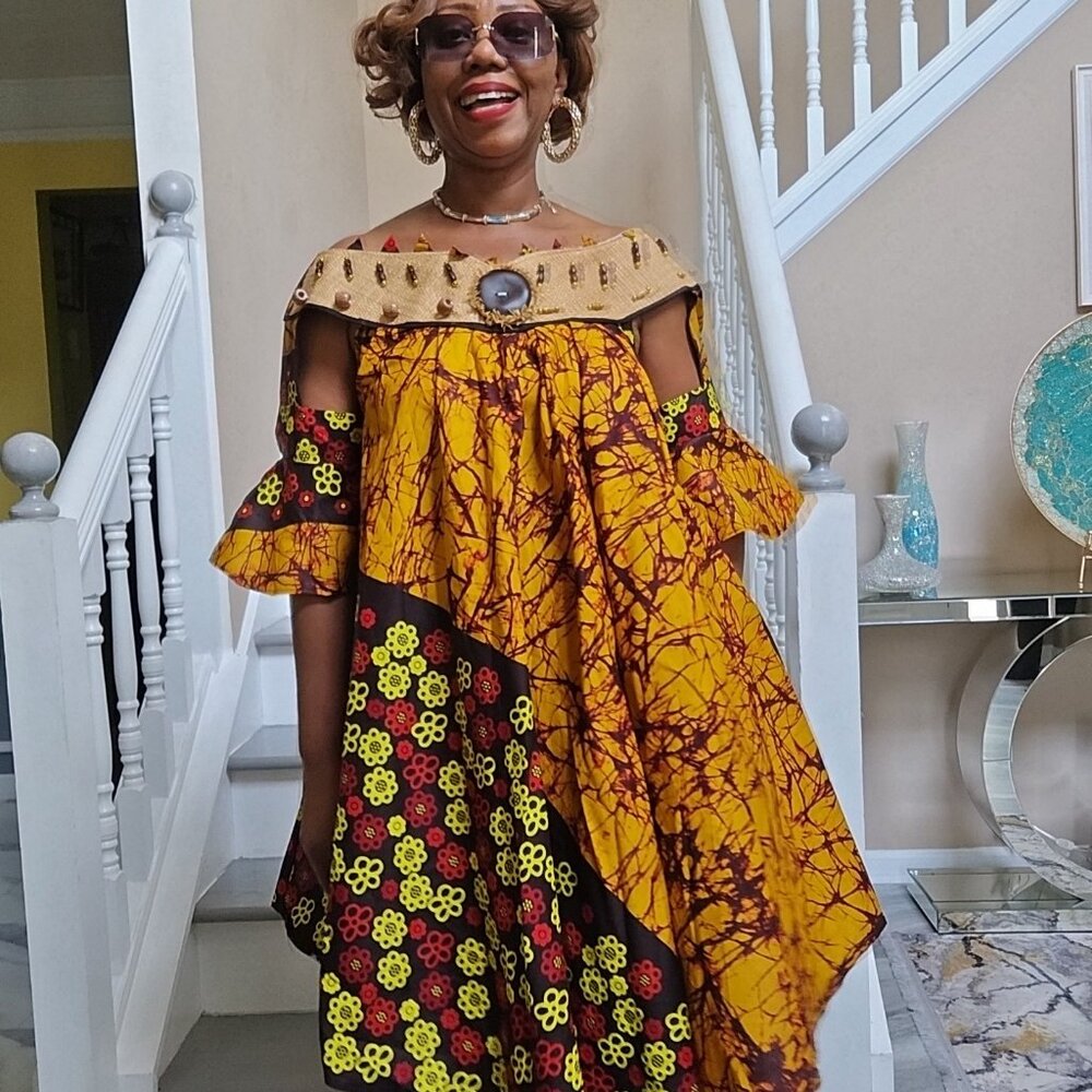 African print midi dress with rafia collar.